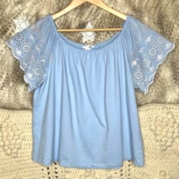 Tops - Off Shoulder Baby Blue Lace Shirt